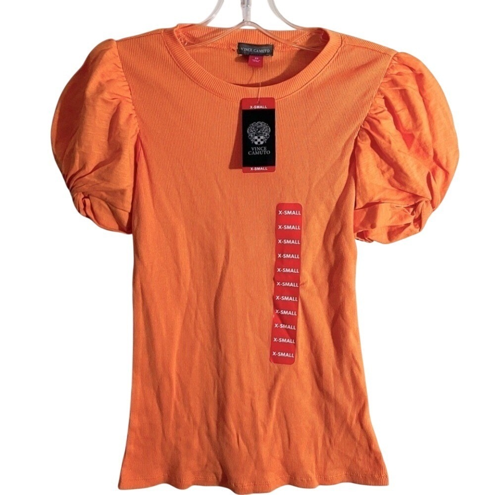 Vince Camuto Ribbed Puff Short Sleeve Fitted Top Womens XS Tangerine NWT Cotton